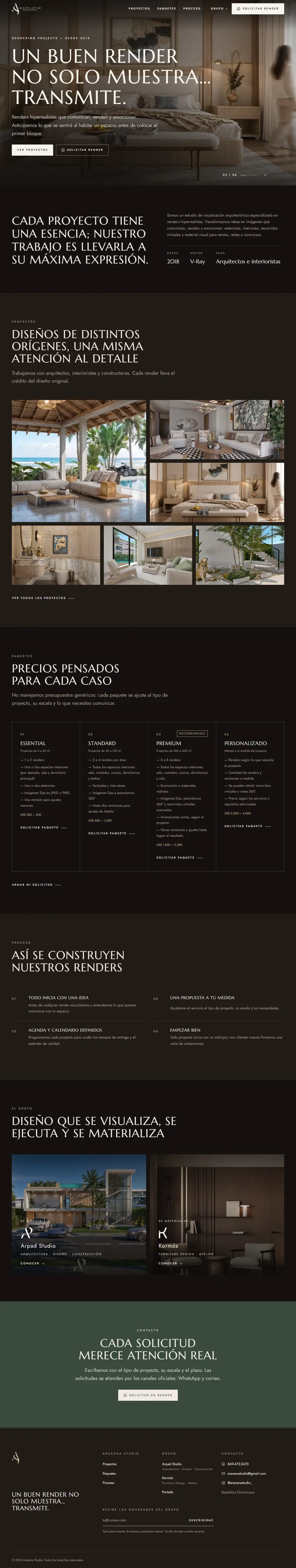 Recorrido por la página de Aracena Studio: renders, paquetes y proceso